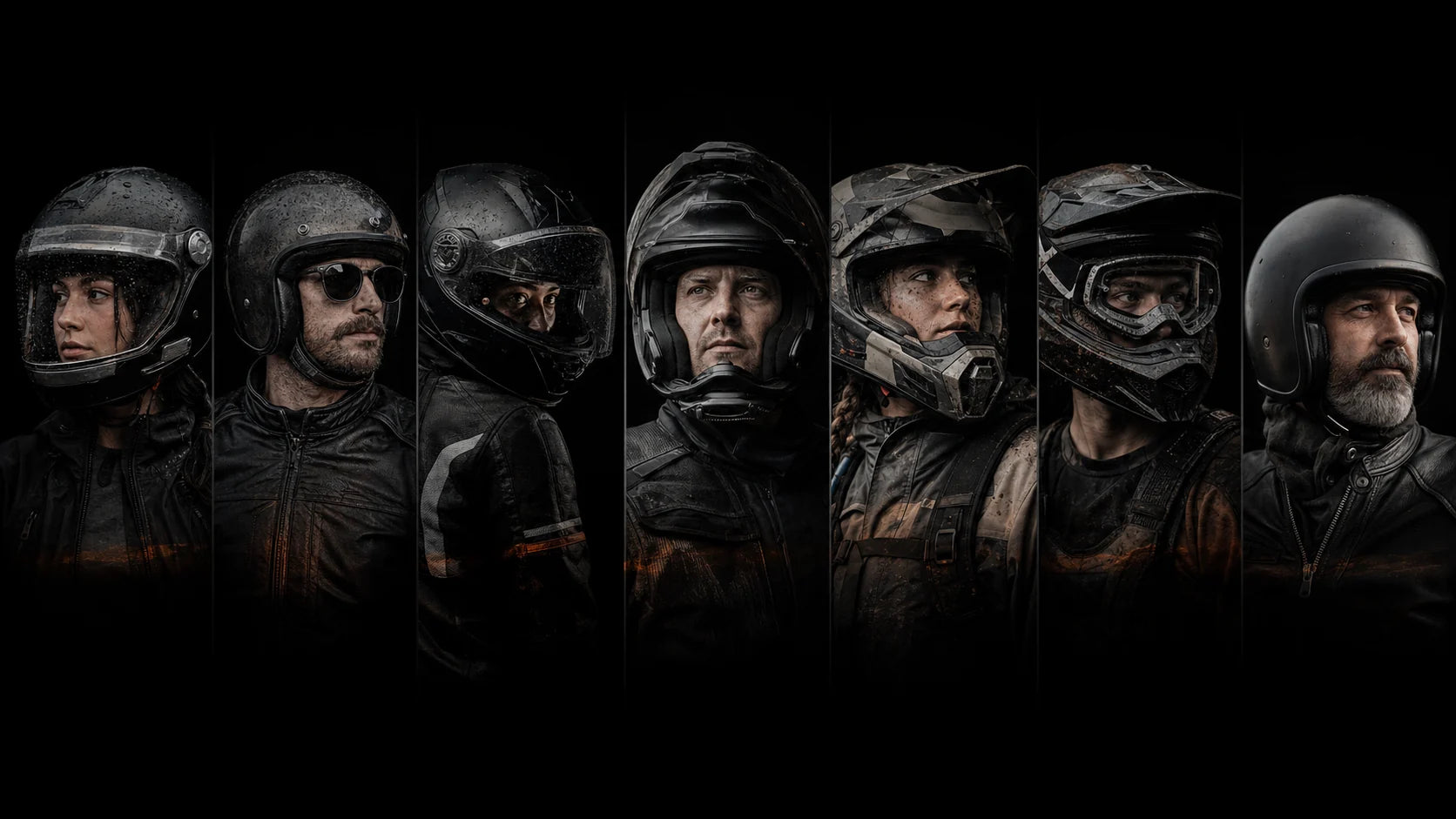 Seven motorcycle riders representing different riding disciplines